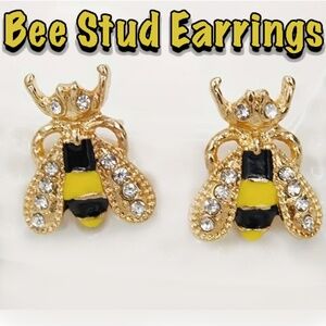 Bee Stud Earrings - Cubic Zirconia Glitters, with Alloy Base, and Enamel Colors